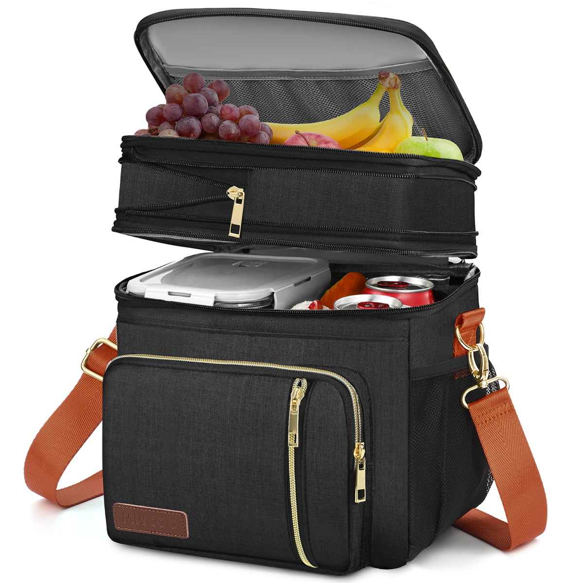 MIYCOO Double Deck Lunch Bag & Lunch Box, Black Orange