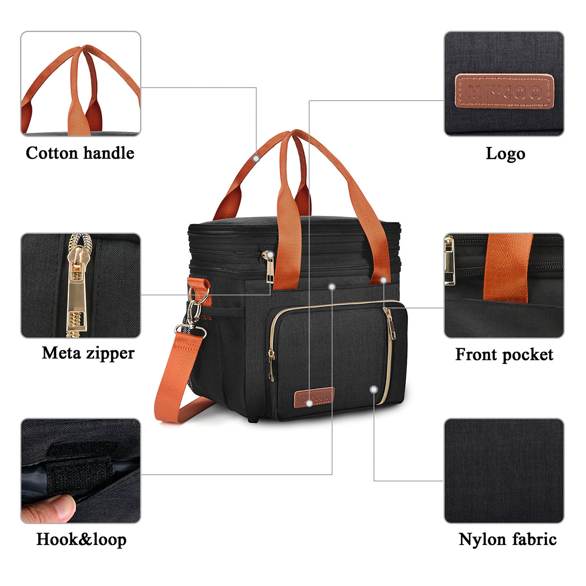 MIYCOO Double Deck Lunch Bag & Lunch Box, Black Orange