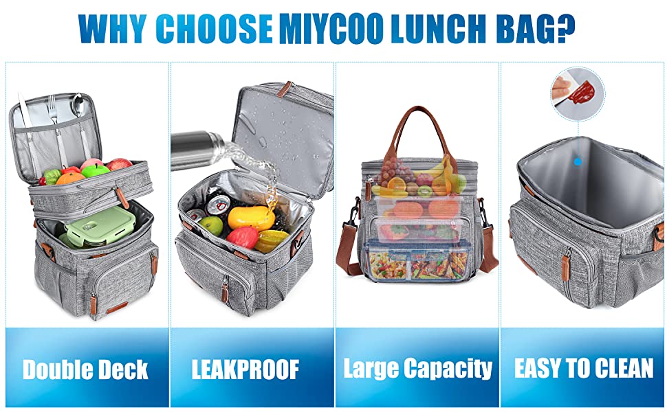 MIYCOO Lunch Bag for Women Men Double Deck Lunch Box - Leakproof Insulated  Soft Large Adult Lunch Cooler Bag for Work, (Grey,15L)